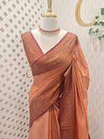 Tissue silk with small check pattern and contrast leaf and flower design on border - Image 10