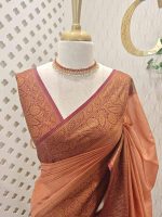 Tissue silk with small check pattern and contrast leaf and flower design on border - Image 11