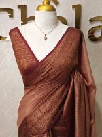Tissue silk with small check pattern and contrast leaf and flower design on border - Image 13