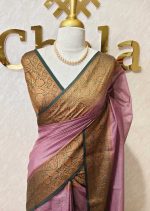 Tissue silk with small check pattern and contrast leaf and flower design on border - Image 16