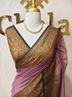 Tissue silk with small check pattern and contrast leaf and flower design on border - Image 17