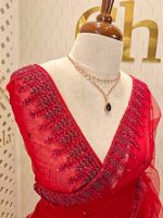 Net saree with leafy sequenced and beads work on border - Image 2