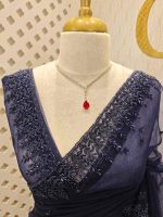 Net saree with leafy sequenced and beads work on border - Image 4