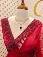 Net saree with leafy sequenced and beads work on border - Image 7