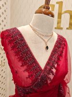 Net saree with leafy sequenced and beads work on border - Image 8