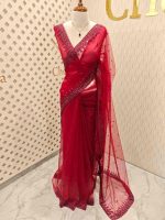 Net saree with leafy sequenced and beads work on border - Image 9