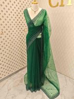 Net saree with leafy sequenced and beads work on border - Image 12