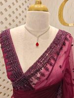 Net saree with leafy sequenced and beads work on border - Image 13