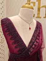 Net saree with leafy sequenced and beads work on border - Image 14
