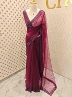 Net saree with leafy sequenced and beads work on border - Image 15