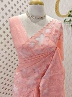 Net kota with grid pattern on body part and boarder with floral shaped applique work and scallop - Image 2