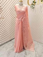 Net kota with grid pattern on body part and boarder with floral shaped applique work and scallop - Image 3