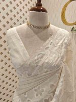 Net kota with grid pattern on body part and boarder with floral shaped applique work and scallop - Image 5