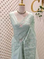 Net kota with grid pattern on body part and boarder with floral shaped applique work and scallop - Image 7