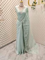 Net kota with grid pattern on body part and boarder with floral shaped applique work and scallop - Image 9