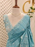 Semi Tussur saree with small motif all over the body and cut work on pallu along with scallop - Image 8