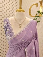 Semi Tussur saree with small motif all over the body and cut work on pallu along with scallop - Image 11