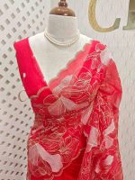 Organza with golden zari big floral pattern - Image 2