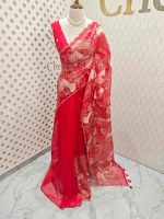 Organza with golden zari big floral pattern - Image 4