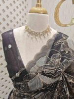 Organza with golden zari big floral pattern - Image 5