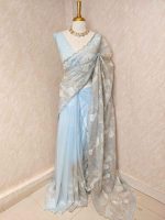 Organza with golden zari big floral pattern - Image 21