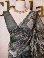 Organza with golden zari big floral pattern - Image 32