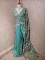 Organza with golden zari big floral pattern - Image 43