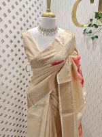 Kerala saree with large contrast multi coloured flowers and leaf prints on the body and pallu