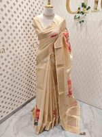 Kerala saree with large contrast multi coloured flowers and leaf prints on the body and pallu - Image 3
