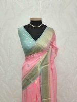 Georgette Banarasi with a plain body, scattered zari-woven buttas,and a contrast floral zari-woven border - Image 45