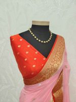 Georgette Banarasi with a plain body, scattered zari-woven buttas,and a contrast floral zari-woven border - Image 43