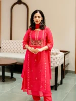 Soft cotton suit with floral embroidered neck and minimal floral buttas - Image 2