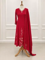 Chiffon 3 piece salwar suit 5- Red - Image 2