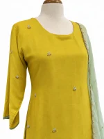 Mul Chanderi 3 piece salwar suit 11- Lime Yellow - Image 3