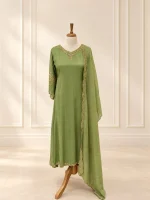Chiffon 3 piece salwar suit 18- Olive Green - Image 2
