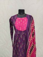 Cotton Ikat-print salwar with a contrast gathered yoke-Purple