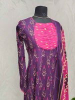 Cotton Ikat-print salwar with a contrast gathered yoke-Purple - Image 3