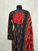 Cotton Ikat-print salwar with a contrast gathered yoke-Black