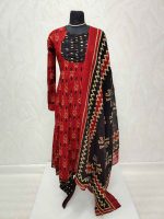 Cotton Ikat-print salwar with a contrast gathered yoke-Brick - Image 4