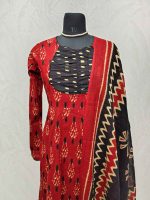 Cotton Ikat-print salwar with a contrast gathered yoke-Brick