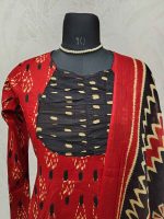 Cotton Ikat-print salwar with a contrast gathered yoke-Brick - Image 2