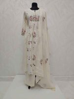 Mul Chandheri with floral embroidery gathered yoke and lace detailing-Cream - Image 4