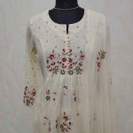 Mul Chandheri with floral embroidery gathered yoke and lace detailing-Cream