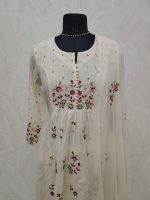 Mul Chandheri with floral embroidery gathered yoke and lace detailing-Cream
