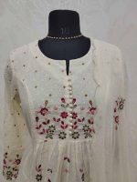 Mul Chandheri with floral embroidery gathered yoke and lace detailing-Cream - Image 2