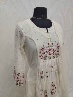 Mul Chandheri with floral embroidery gathered yoke and lace detailing-Cream - Image 3