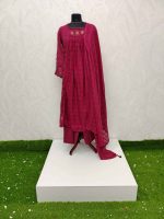 Mul cotton with multicolour floral embroidery and a gathered yoke pattern-Maroon - Image 4