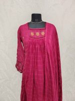Mul cotton with multicolour floral embroidery and a gathered yoke pattern-Maroon - Image 2