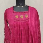 Mul cotton with multicolour floral embroidery and a gathered yoke pattern-Maroon