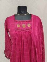 Mul cotton with multicolour floral embroidery and a gathered yoke pattern-Maroon